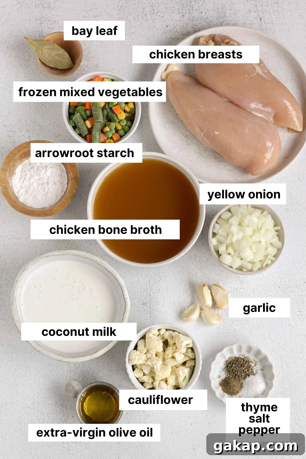 Dairy-Free, Gluten-Free Chicken Pot Pie Soup Recipe 3 Labeled ingredients for dairy-free chicken pot pie soup.