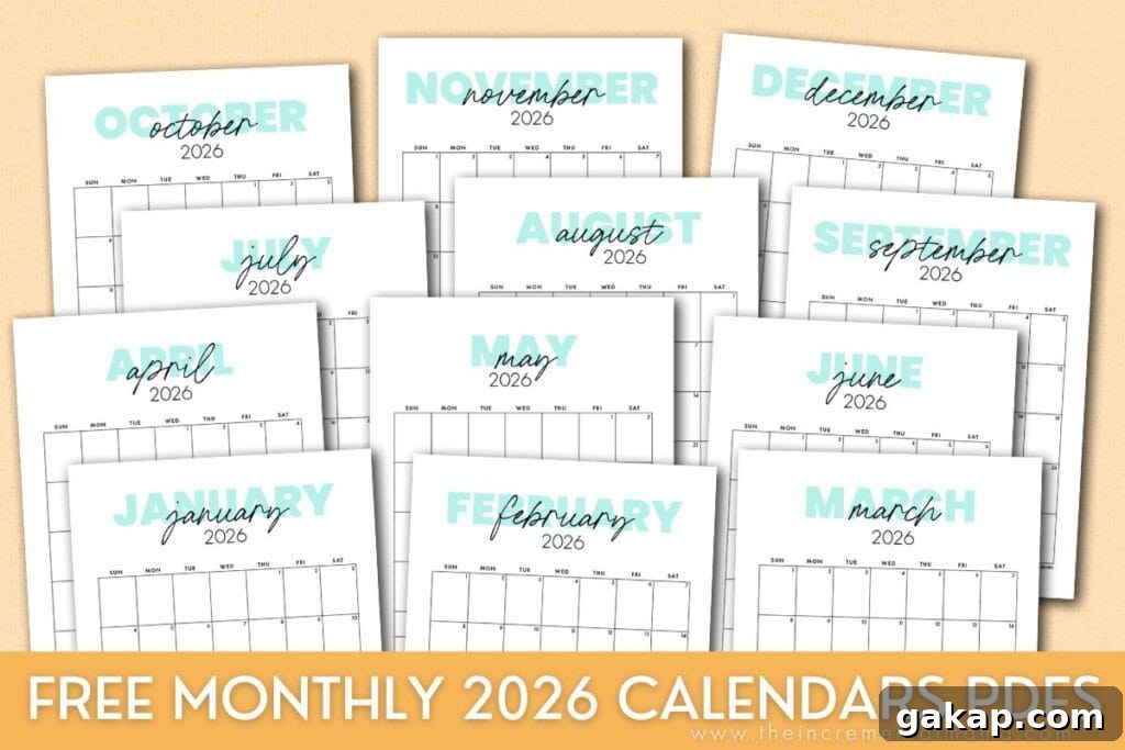 2026 Cute Monthly Calendar Printable – Free Jan–Dec PDFs 4 teal simple free printable calendars
