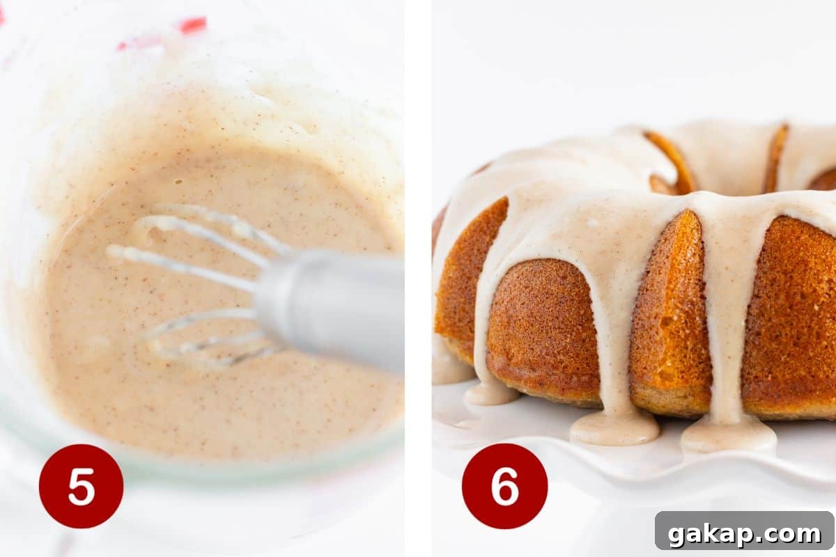 Moist Bundt Spice Cake Made with Cake Mix – Simple Holiday Dessert 4 Steps showing making and pouring the glaze over the cooled spice bundt cake.