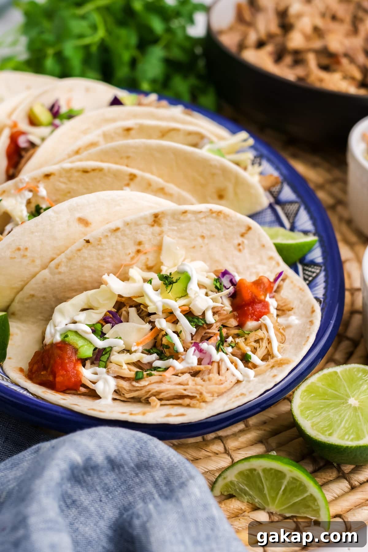 A pulled pork taco on a plate, showing the toppings.