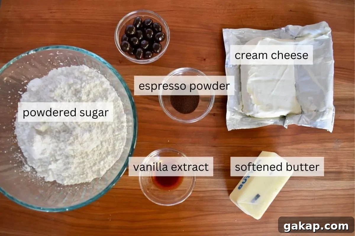 Ingredients for recipe including butter, espresso powder, and powdered sugar. 