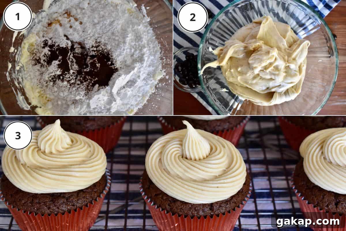 Process shots showing how to make recipe and pipe it onto cupcakes.