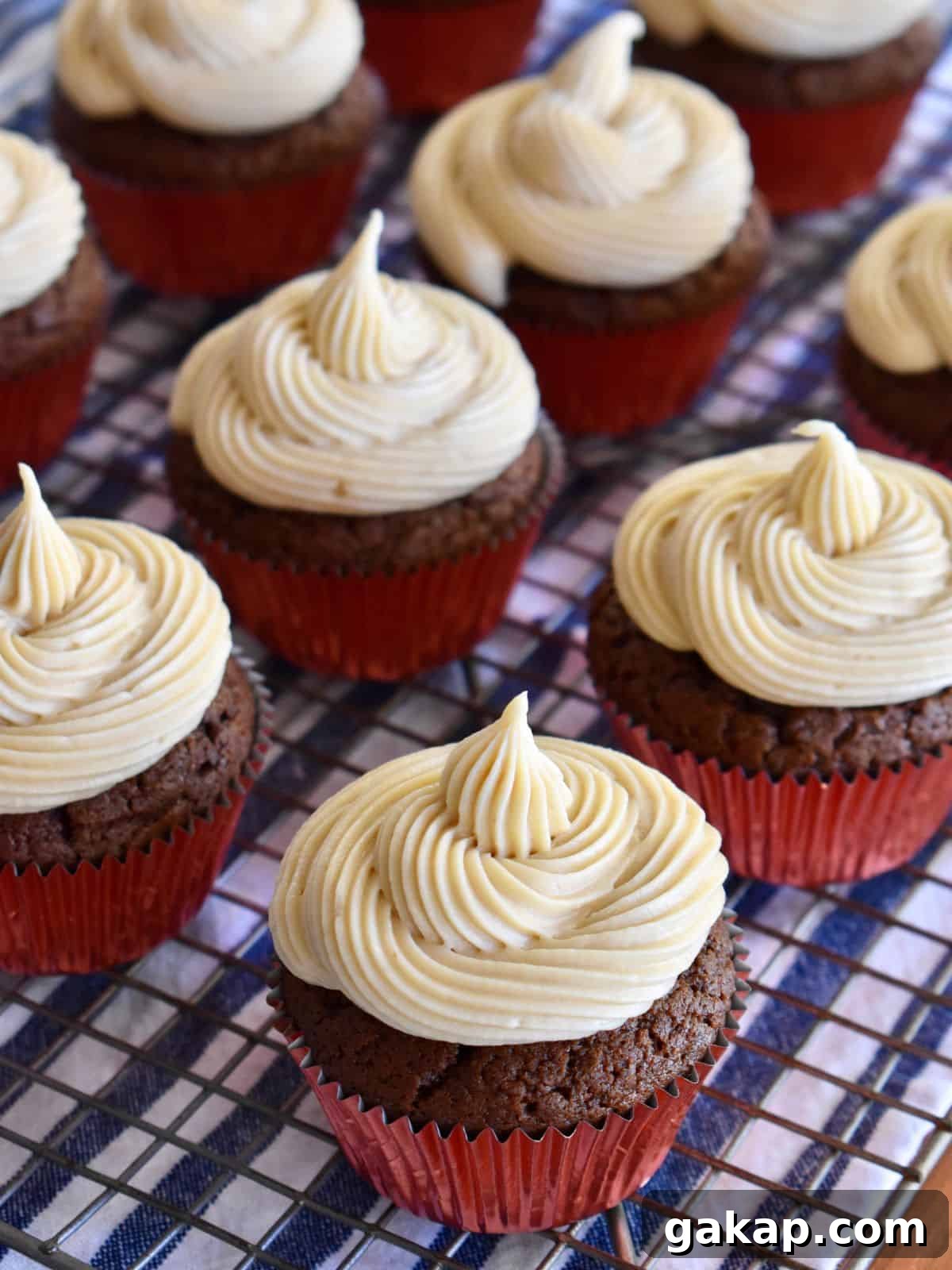 Coffee Cream Cheese Frosting on chocolate cupcakes. 