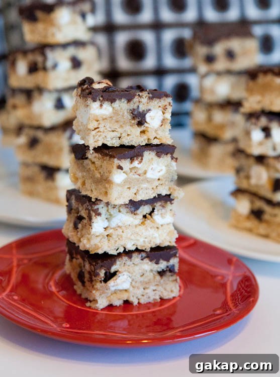 Chocolate Chip Cookie Dough & Marshmallow Stuffed Rice Krispie Bar Stack