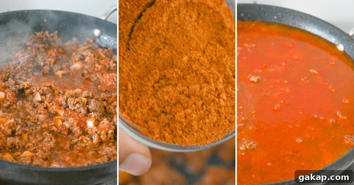 Three-panel image showcasing Mexican spaghetti sizzling in a pan, a hand sprinkling spices, and a pan rich with vibrant red sauce.
