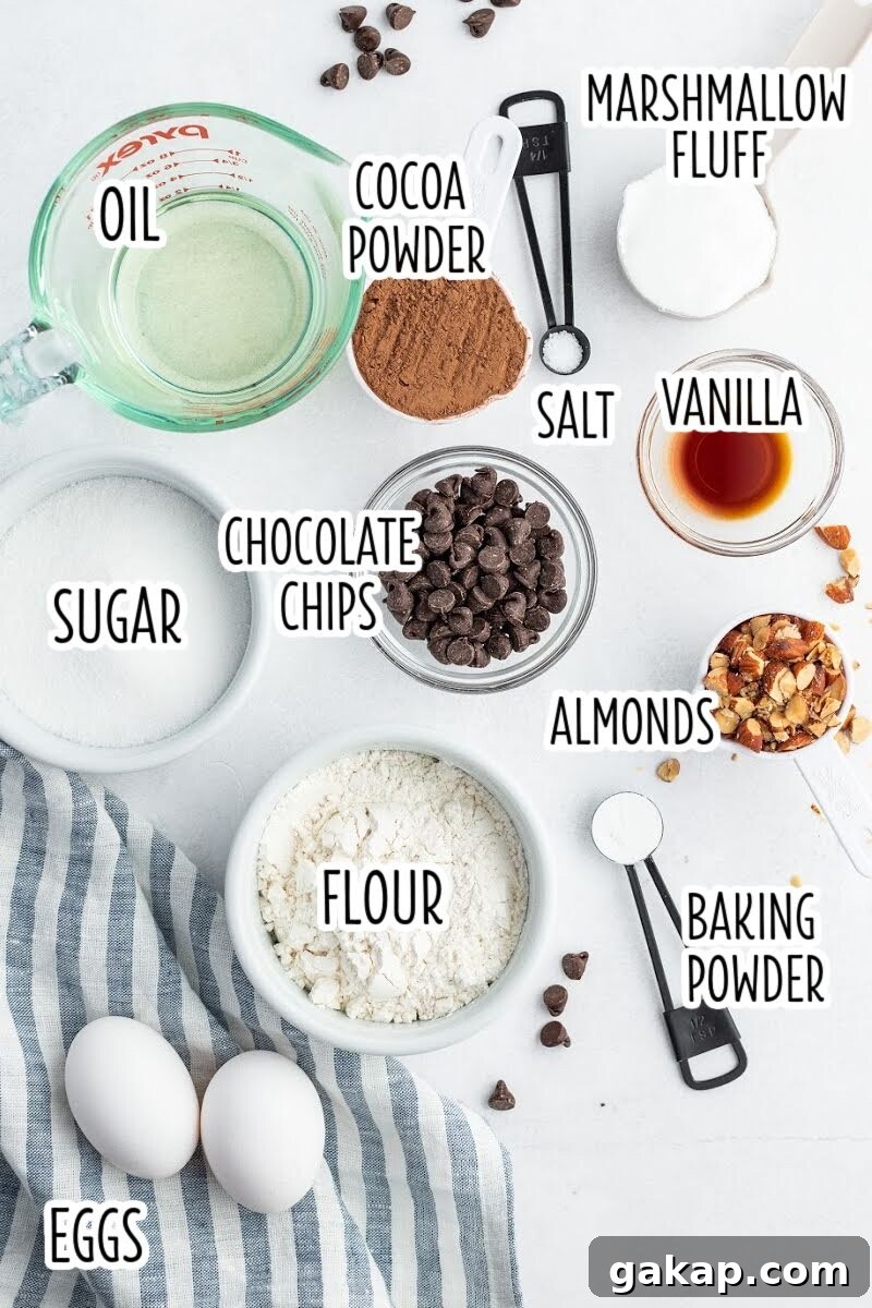 Decadent Rocky Road Brownies with Marshmallows and Nuts 4 ingredients to make rocky road brownies in bowls with text labels