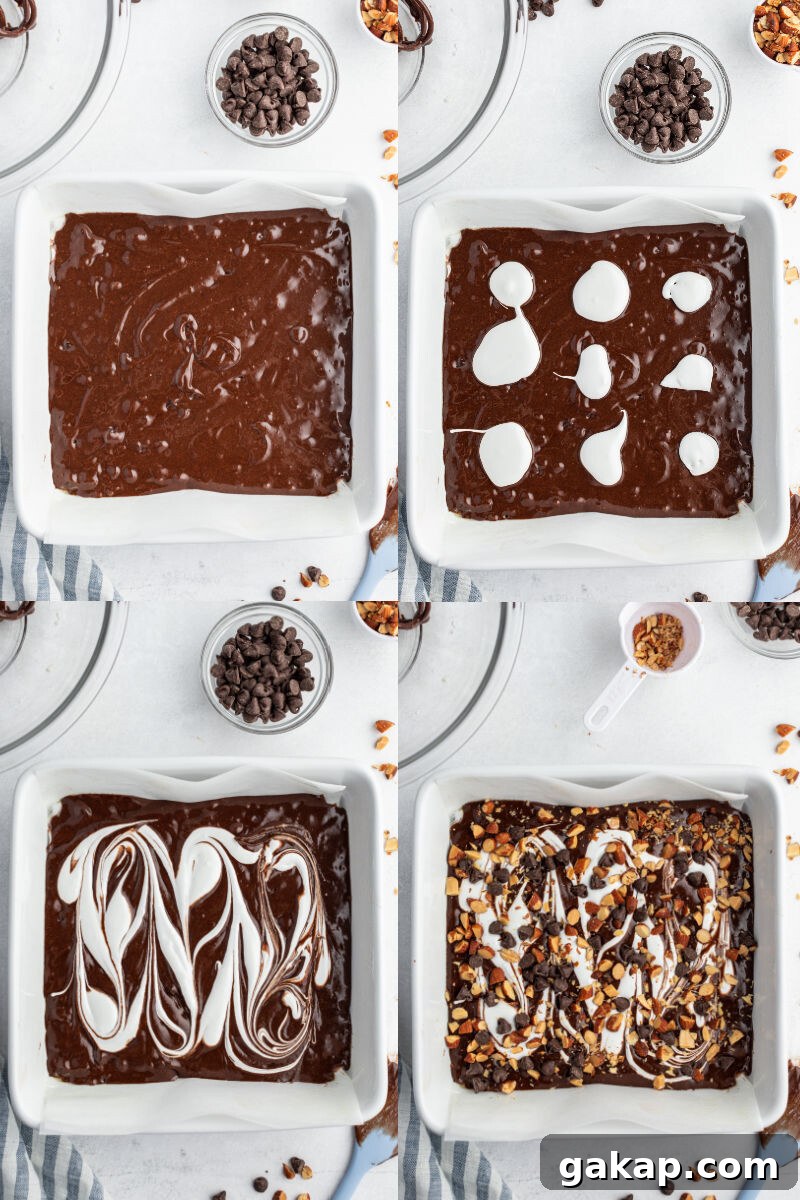 Decadent Rocky Road Brownies with Marshmallows and Nuts 7 collage of brownie batter in a square pan, dollops of marshmallow fluff over the batter, fluff swirled into the batter, chocolate chips and almonds sprinkled over the brownie batter