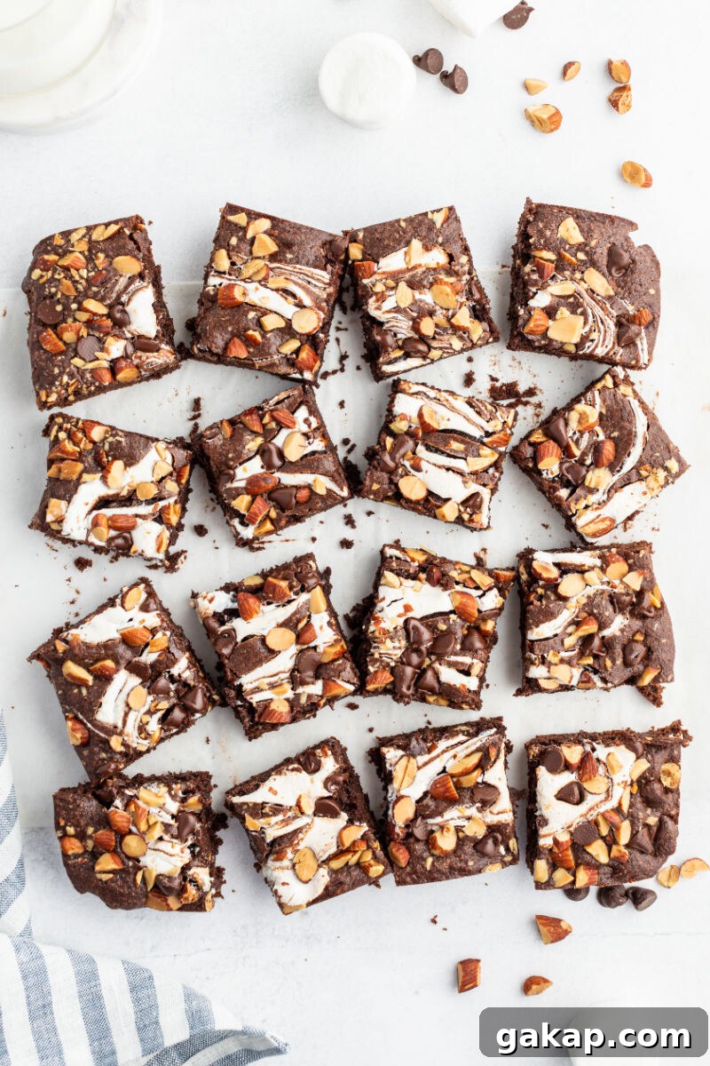 Decadent Rocky Road Brownies with Marshmallows and Nuts 9 looking down at baked rocky road brownies cut into squares