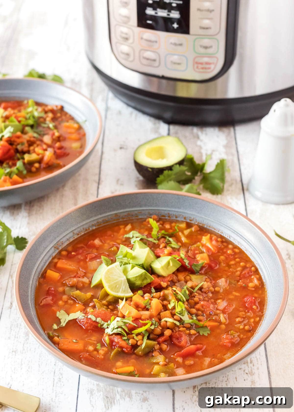 chili in a grey bowl in front of IP