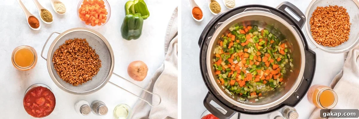 Instant Pot Lentil Chili ingredients, sautéing vegetables