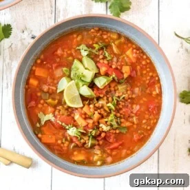 Instant Pot Lentil Chili in a grey bowl
