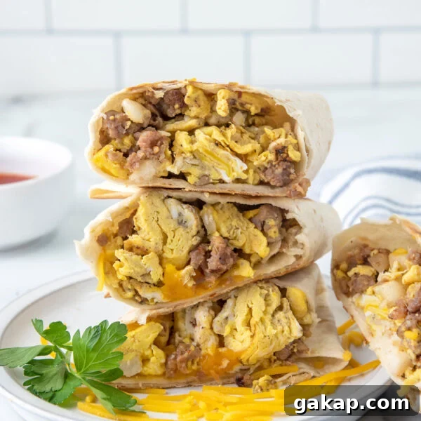 Breakfast Burrito with scrambled eggs, sausage and melted cheese cut in half stacked on a plate
