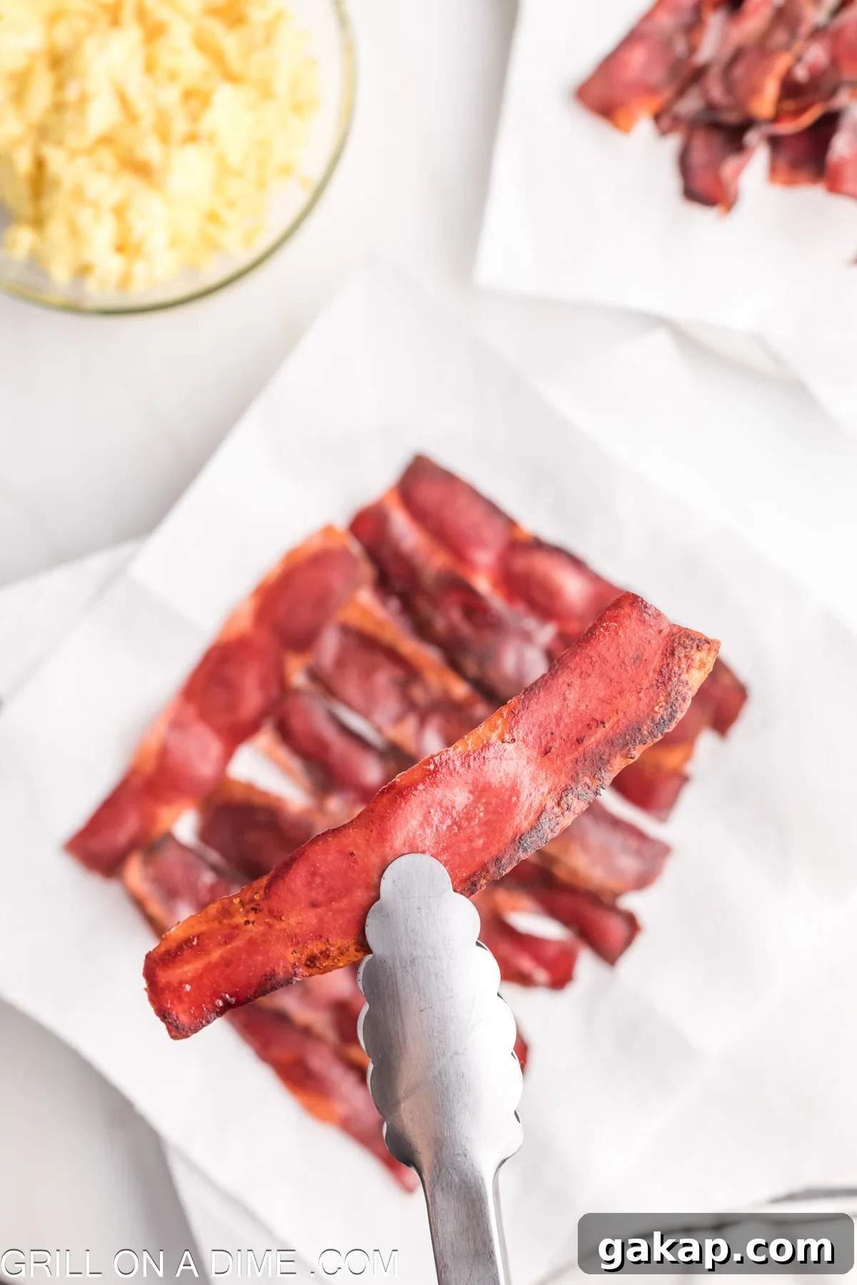 Turkey bacon on a paper towel place with a turkey bacon on tongs