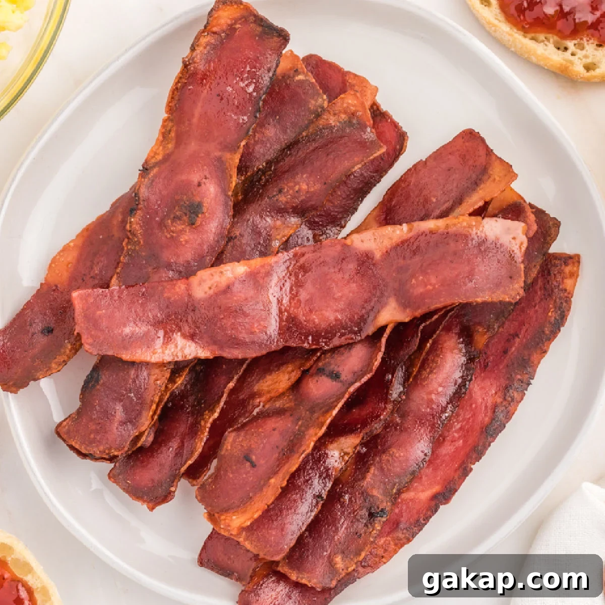 Cooked Turkey Bacon stacked on a plate