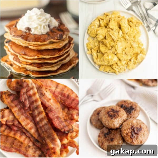 Four different images of breakfast foods including pancakes, eggs, bacon and sausage.