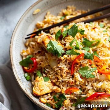 Nasi goreng Indonesian fried rice with herbs and chicken.