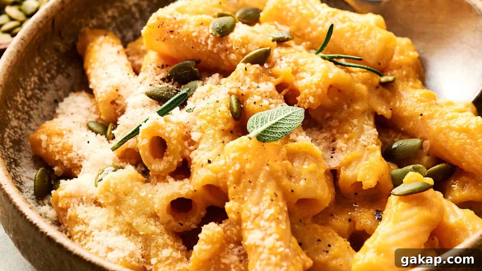 A bowl of rigatoni pasta with creamy sauce, topped with grated cheese, pumpkin seeds, and sprinkled with herbs.