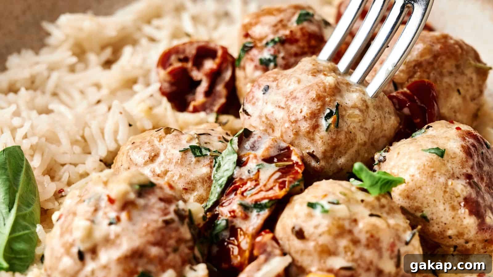 A close-up of meatballs in a creamy sauce with herbs, sun-dried tomatoes, and a side of white rice, with a fork picking up one meatball.