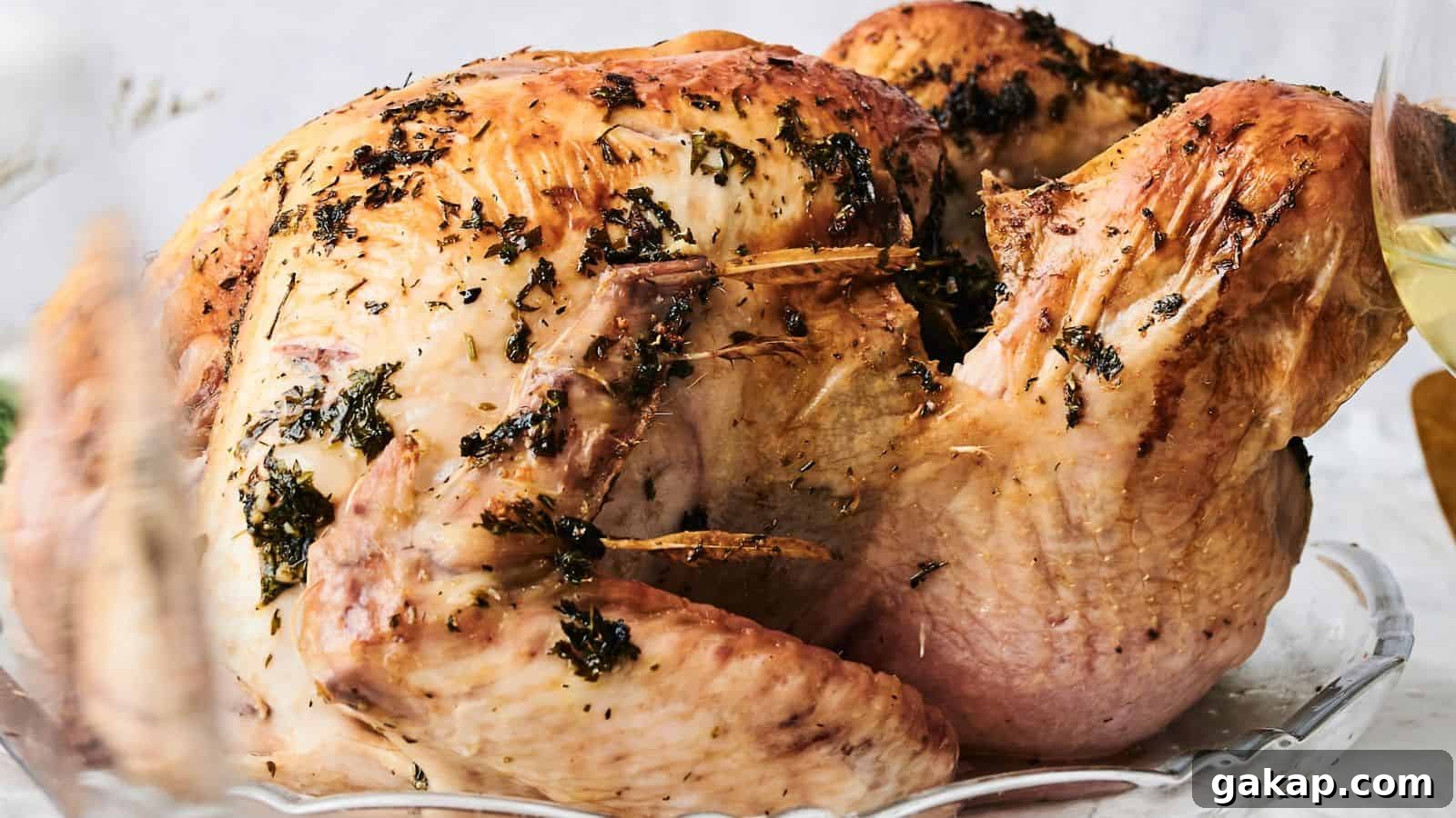 A roasted turkey garnished with herbs, boasting a golden brown, crispy skin, presented on a gleaming glass platter.