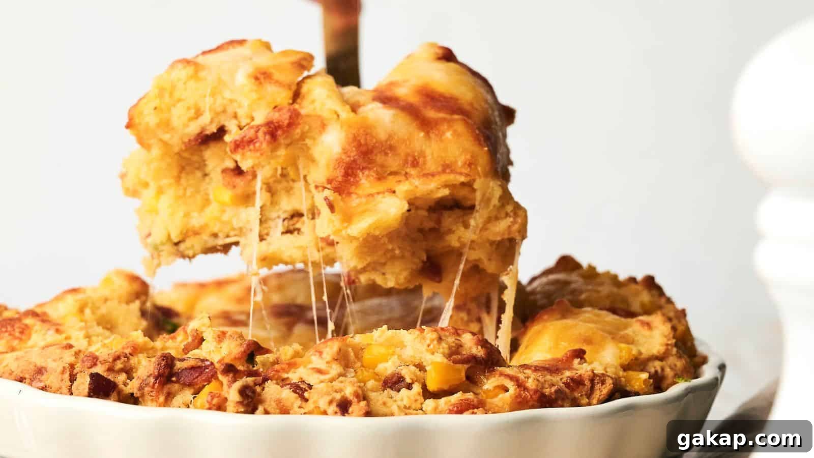 A portion of a cheesy, golden-brown savory cornbread casserole is being lifted from the dish, showing its flaky crust and gooey cheese filling.