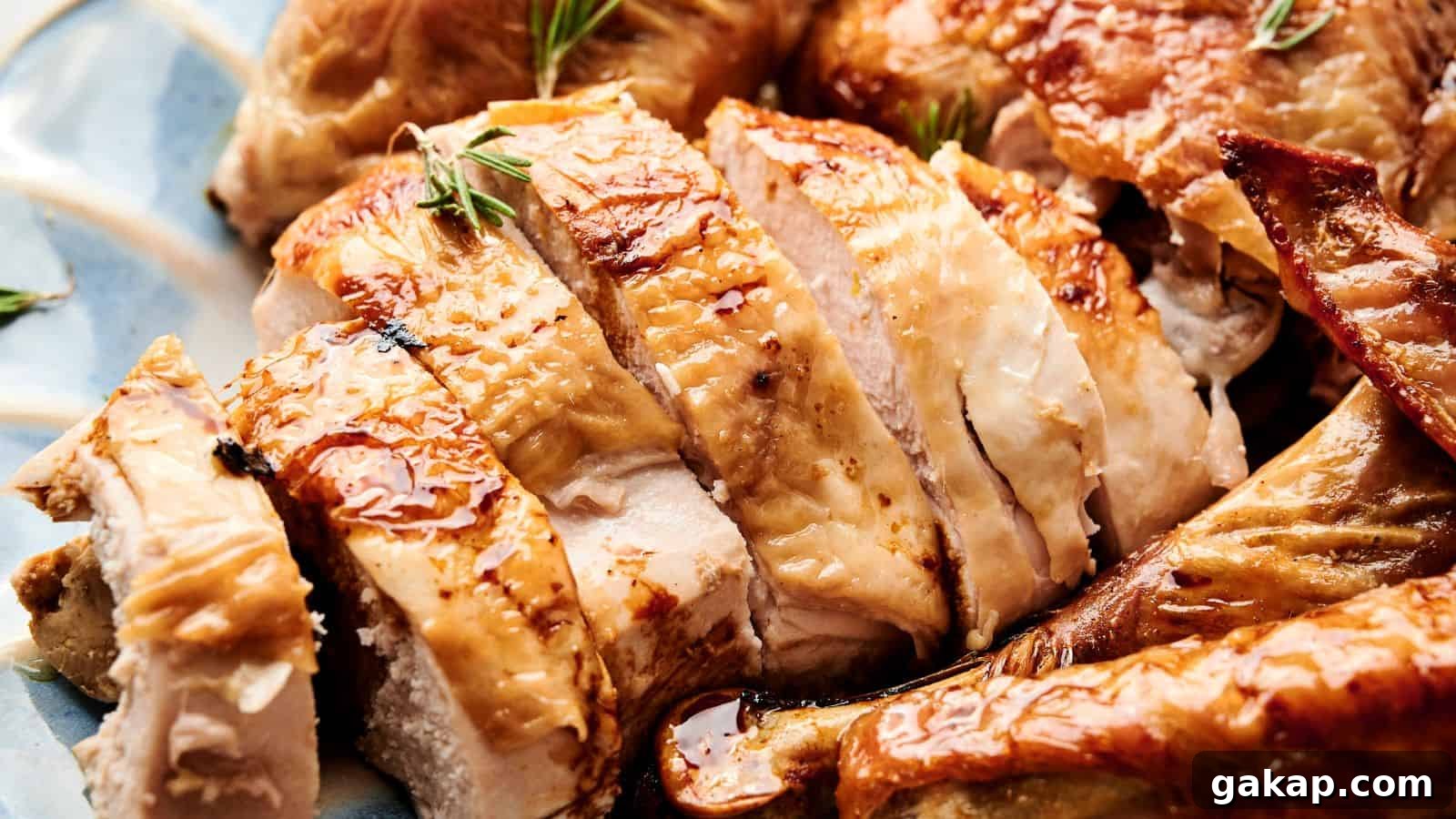 Close-up of sliced roasted chicken with crispy skin, garnished with herbs.