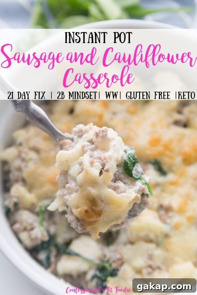 Pinterest Image with text overlay for Sausage and Cauliflower Casserole