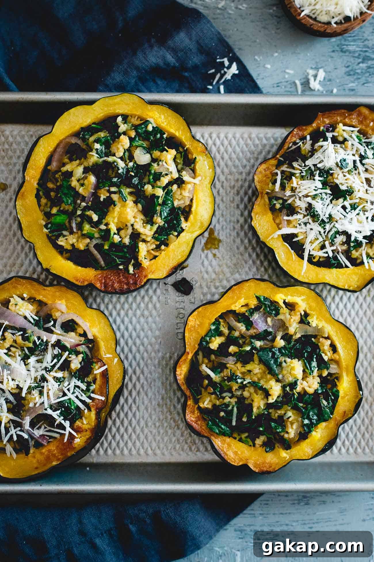 Kale, freekah and pecorino romano combine in these fall inspired twice baked acorn squash. Kale, freekah and pecorino romano combine in these fall inspired twice baked acorn squash.