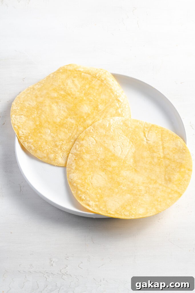 two corn tortillas on a round white plate on a white table.