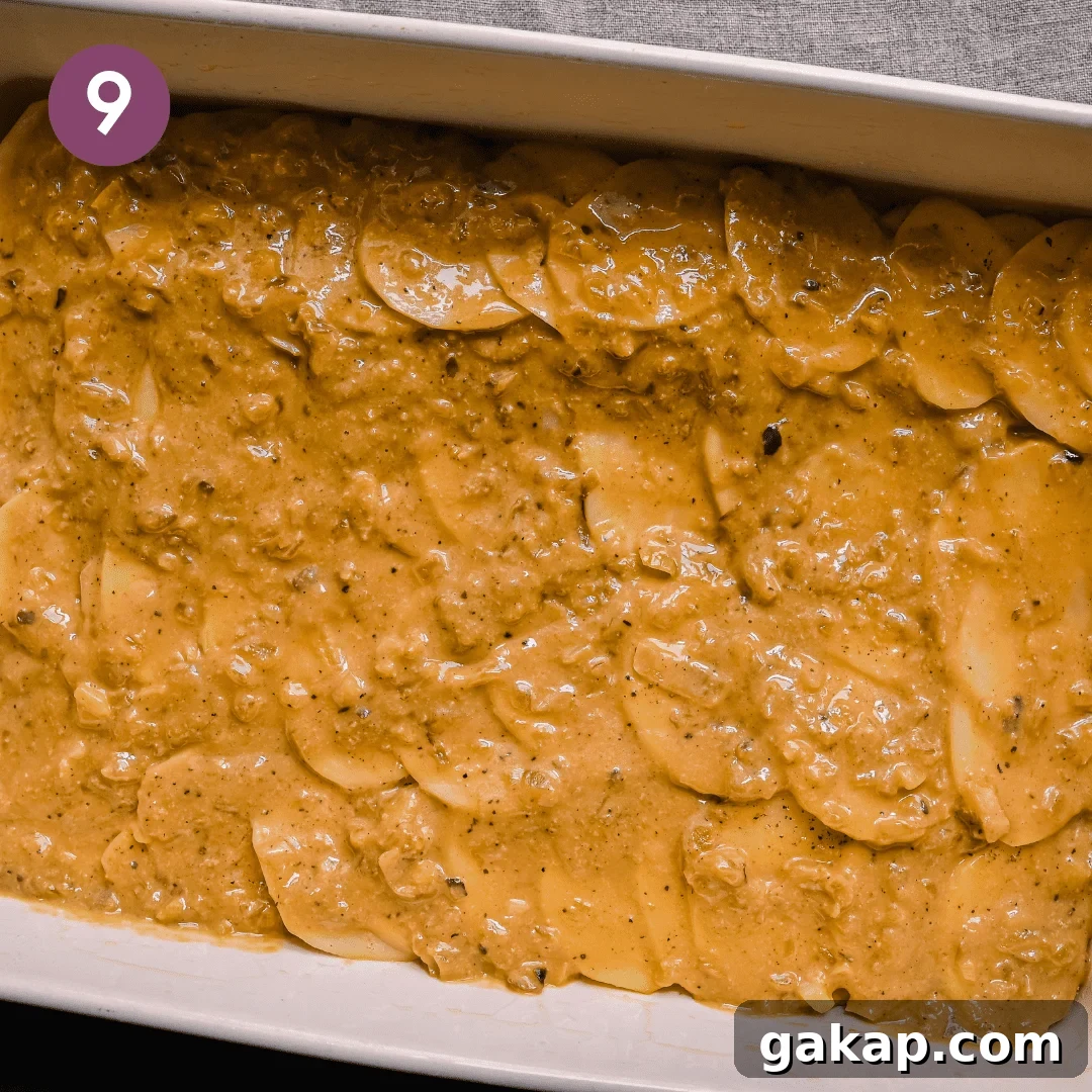 cheesy sauce spread over thinly sliced potatoes in a casserole pan for scalloped potatoes