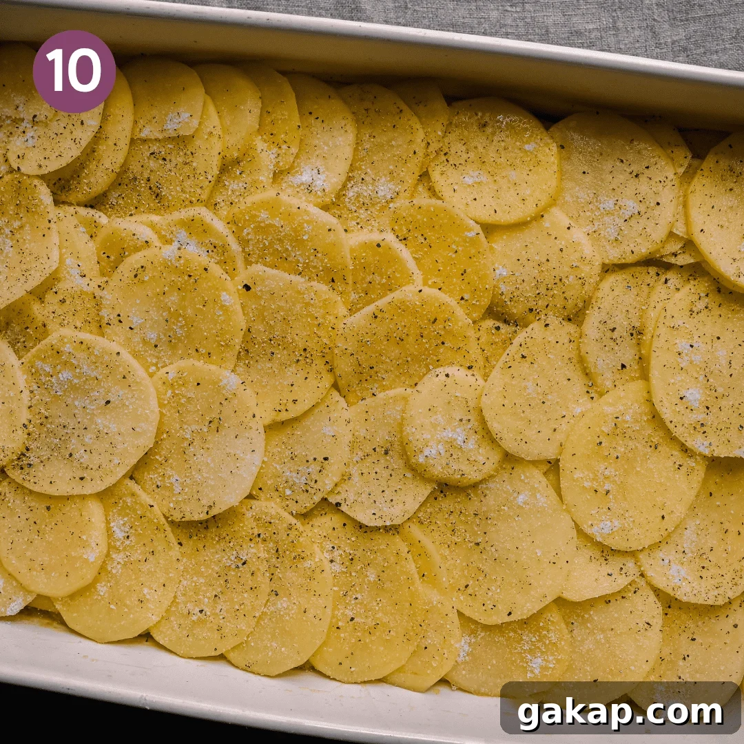 second layer of thinly sliced potatoes overlapping in a casserole pan for scalloped potatoes