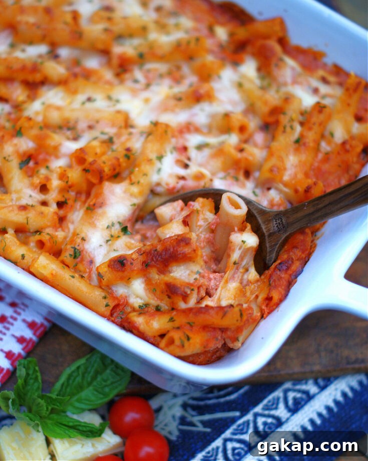 Finished dish of tomato alfredo baked ziti