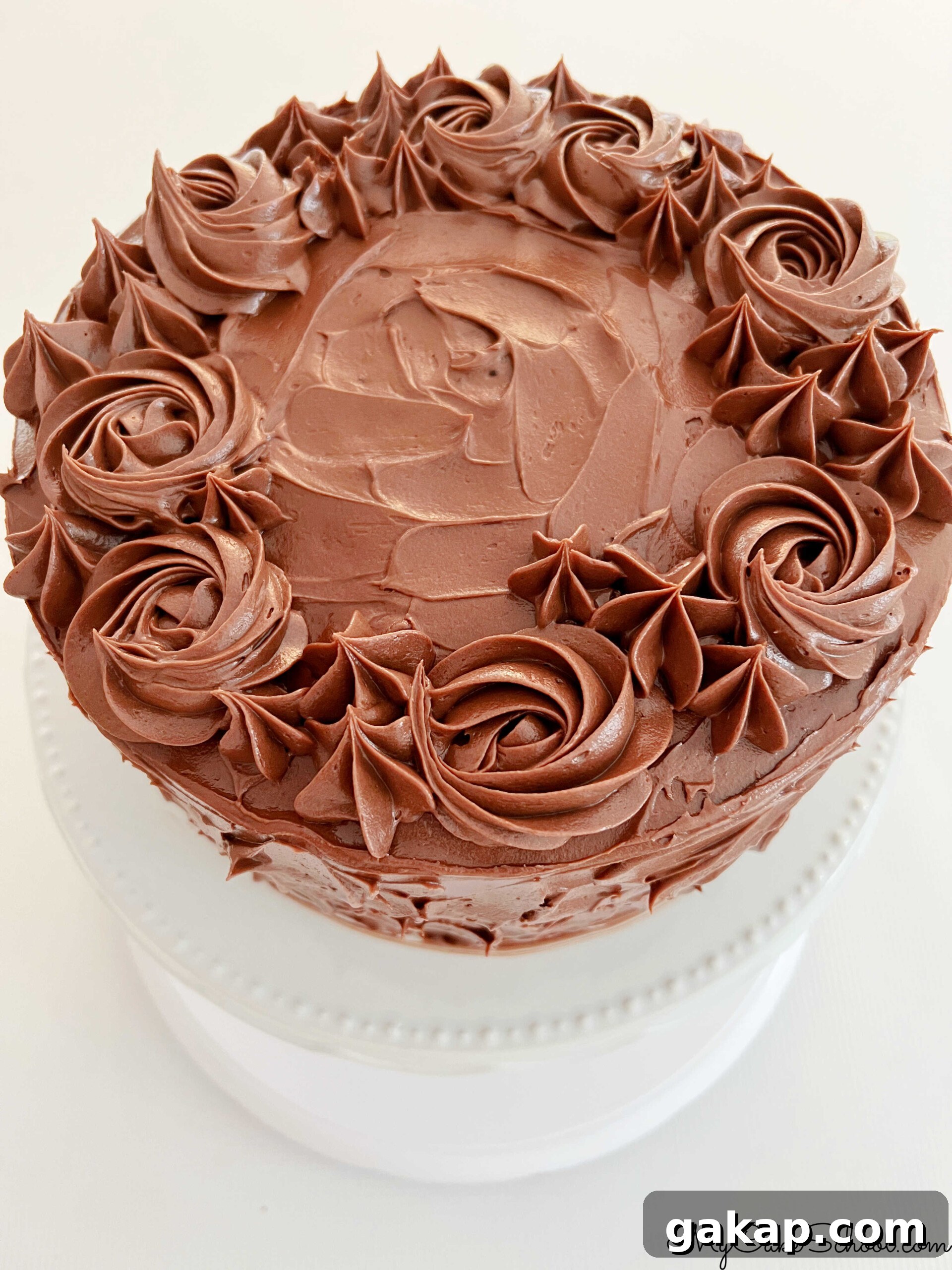 Chocolate Mousse Cake Made from Cake Mix: Quick Decadent Dessert 10 Top view of decorated Chocolate Mousse Cake.