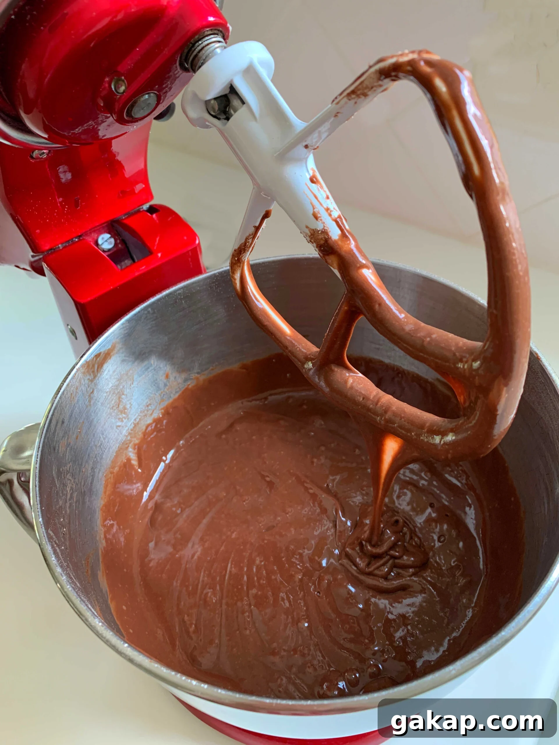 Chocolate Mousse Cake Made from Cake Mix: Quick Decadent Dessert 4 Chocolate Cake Batter in Mixing Bowl.