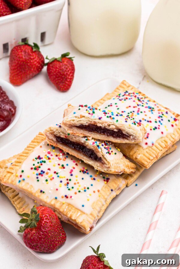 Lemon Pancakes Recipe: Fluffy Citrus Pancakes with Zesty Syrup 11 Golden crusted pie crusts, cut into rectangles, filled with strawberry jam, and topped with white icing and sprinkles, on a white rectangle plate.