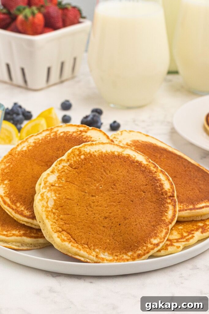 Lemon Pancakes Recipe: Fluffy Citrus Pancakes with Zesty Syrup 6 Stacked golden brown and fluffy pancakes on a white plate.
