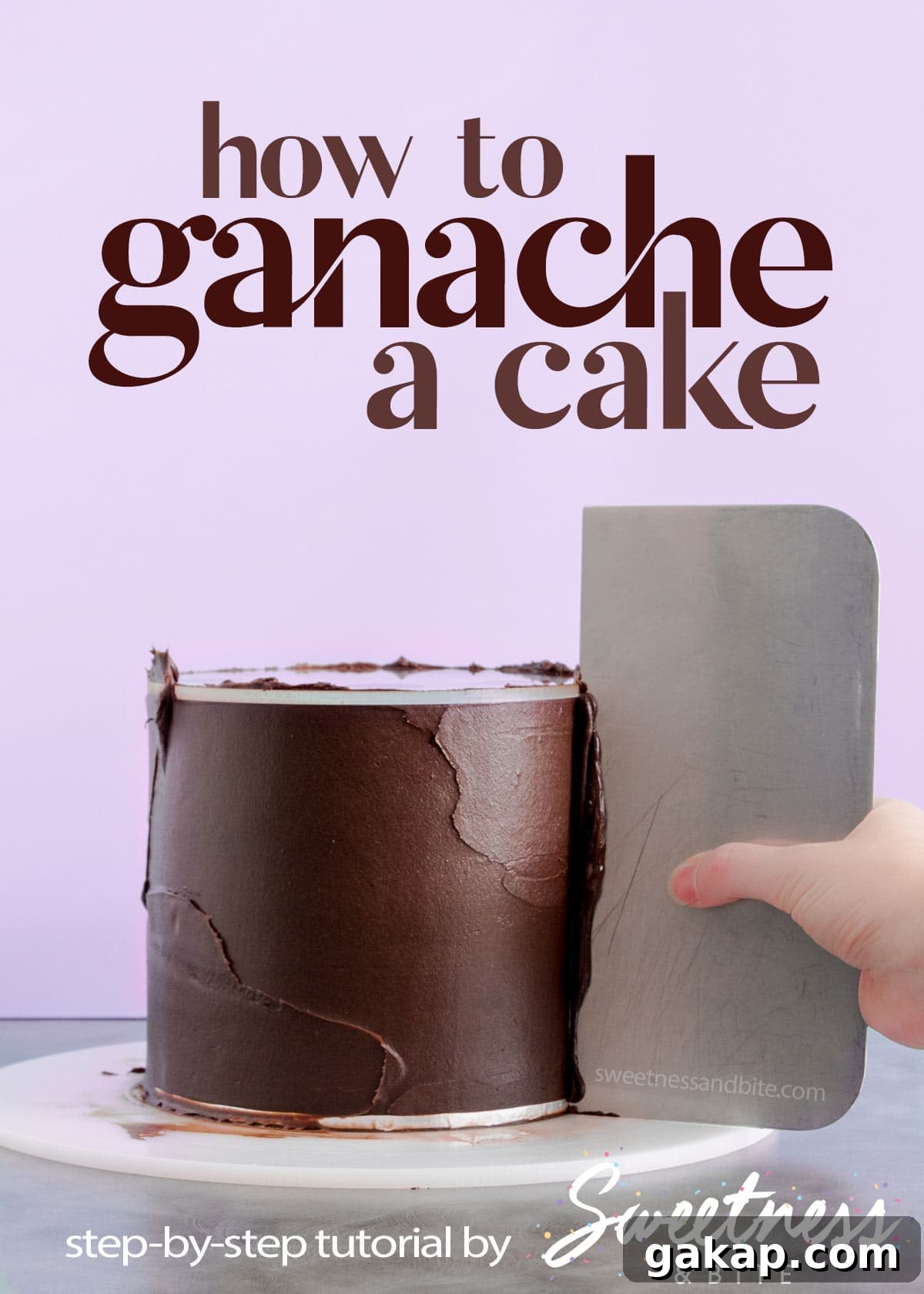 Perfect Ganache for Cakes: Step-by-Step Guide and Tips 2 A cake being ganached with a stainless steel scraper, text overlay reads 'how to ganache a cake'.