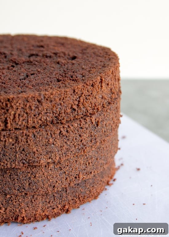 Perfect Ganache for Cakes: Step-by-Step Guide and Tips 6 Four stacked layers of chocolate cake.
