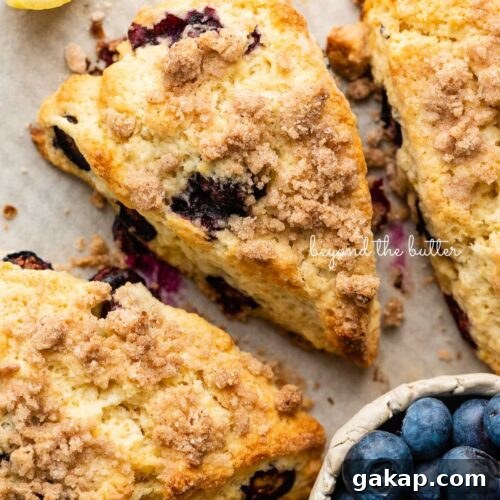 Lemon blueberry streusel scones on a parchment lined baking sheet placed next to a lemon wedge and small ceramic bowl of blueberries.