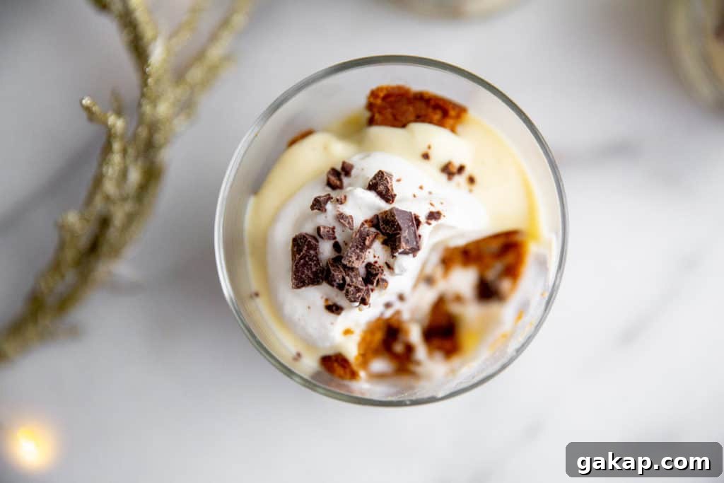 Gluten-Free Gingerbread Trifle Recipe — Festive Holiday Dessert 3 Overhead shot of a gingerbread trifle topped with whipped cream and toffee.