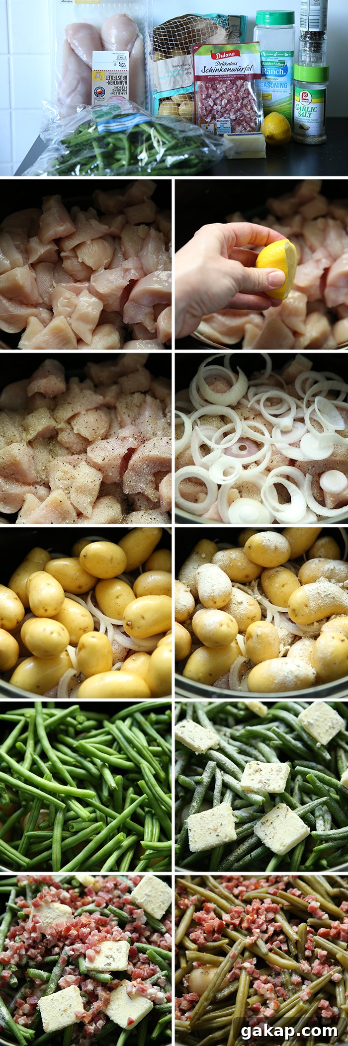 11-photo picture collage of step-by-step photos of how to make Slow Cooker Country Chicken and Veggies.