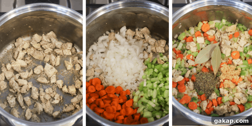 Three photos showing chicken and veggies sautéing in a sauce pot to make soup.