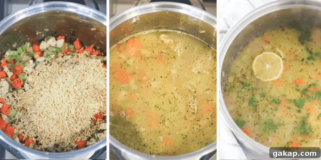 Three photos showing ingredients being added to make this lemon chicken soup.