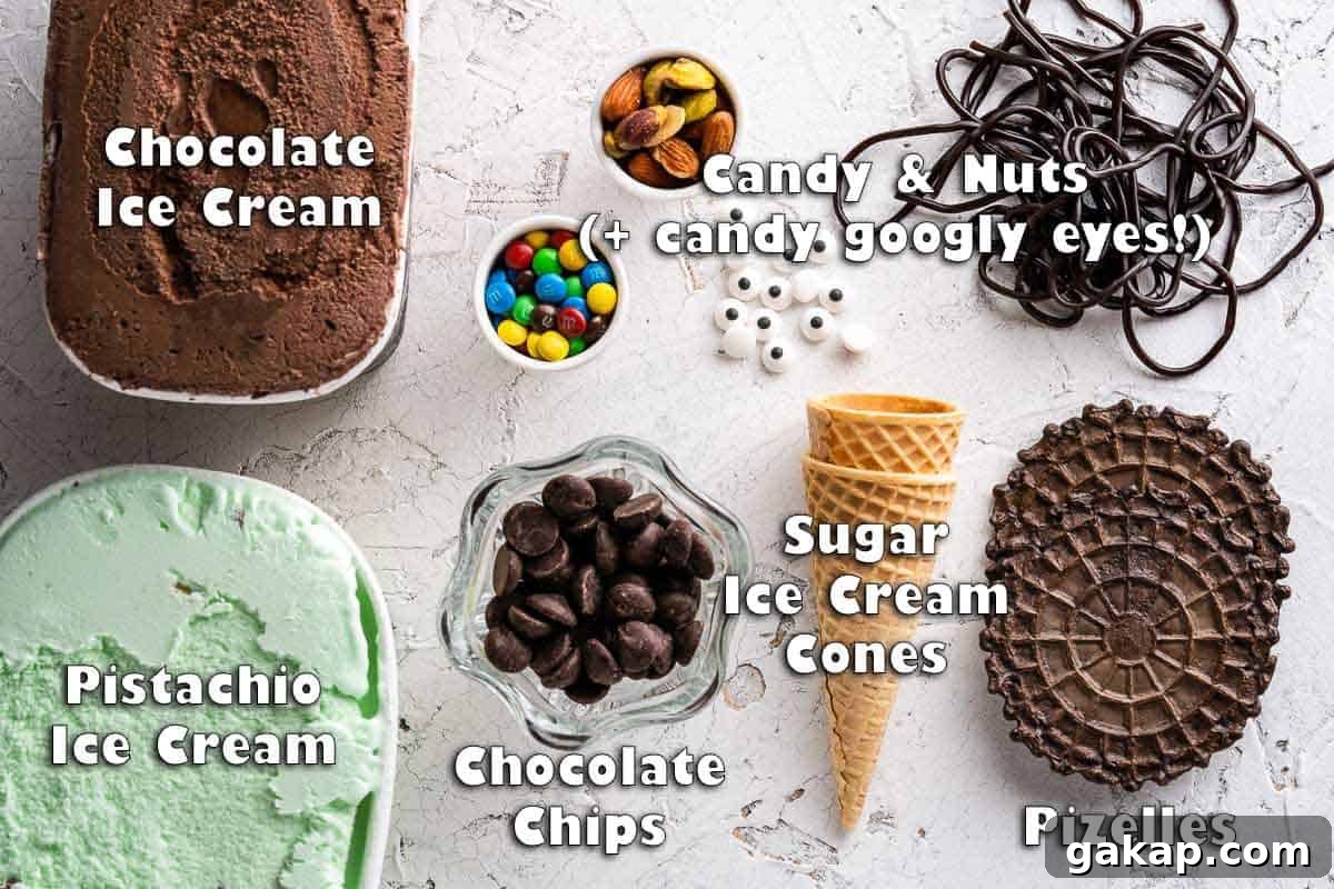 top down view of ingredients for Halloween witch ice cream sundaes