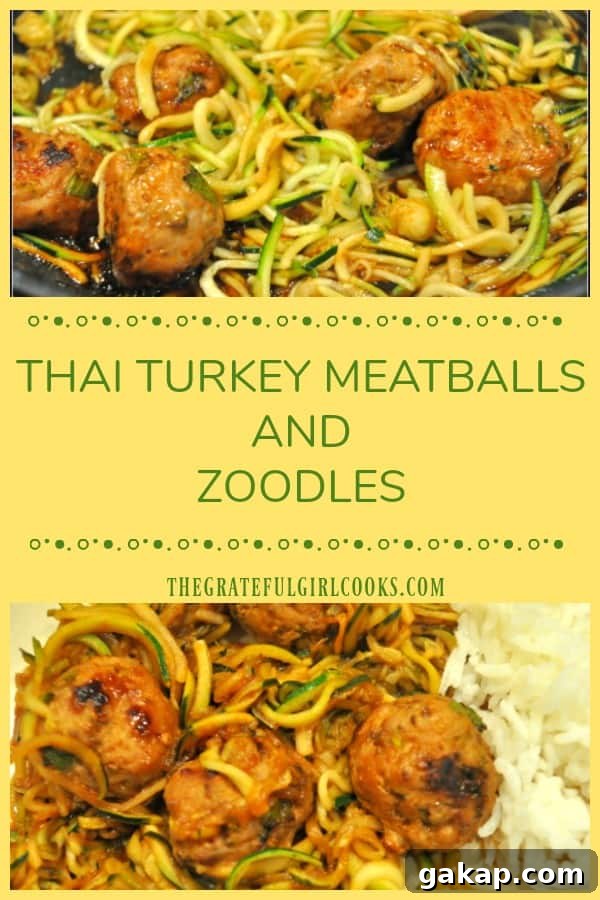Thai turkey meatballs are baked, then combined with spiralized zucchini noodles and covered with a soy/sriracha/lime/honey glaze