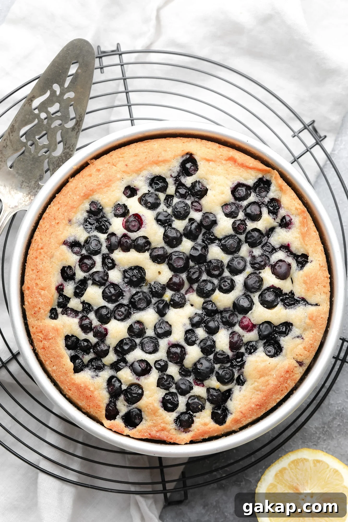 Moist Vegan Blueberry Layer Cake Recipe 2 a baked vegan blueberry cake in a round metal pan.