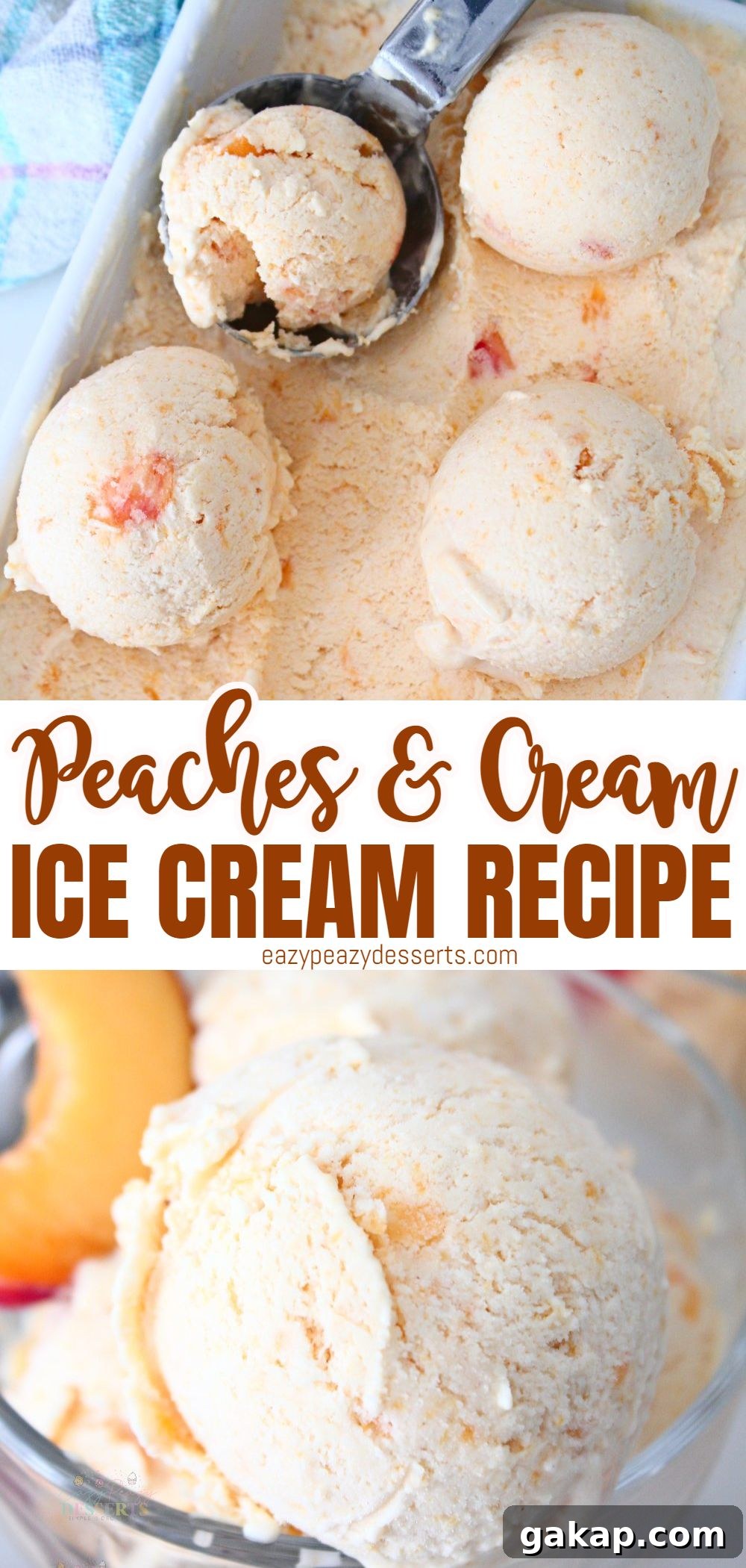 No-Churn Peach Ice Cream with Fresh Peaches and Cream 6 Photo collage of no churn peach ice cream made with fresh peaches