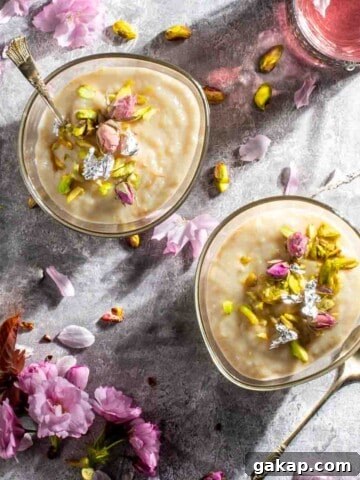 Firni in two bowls surrounded by flowers and petals.