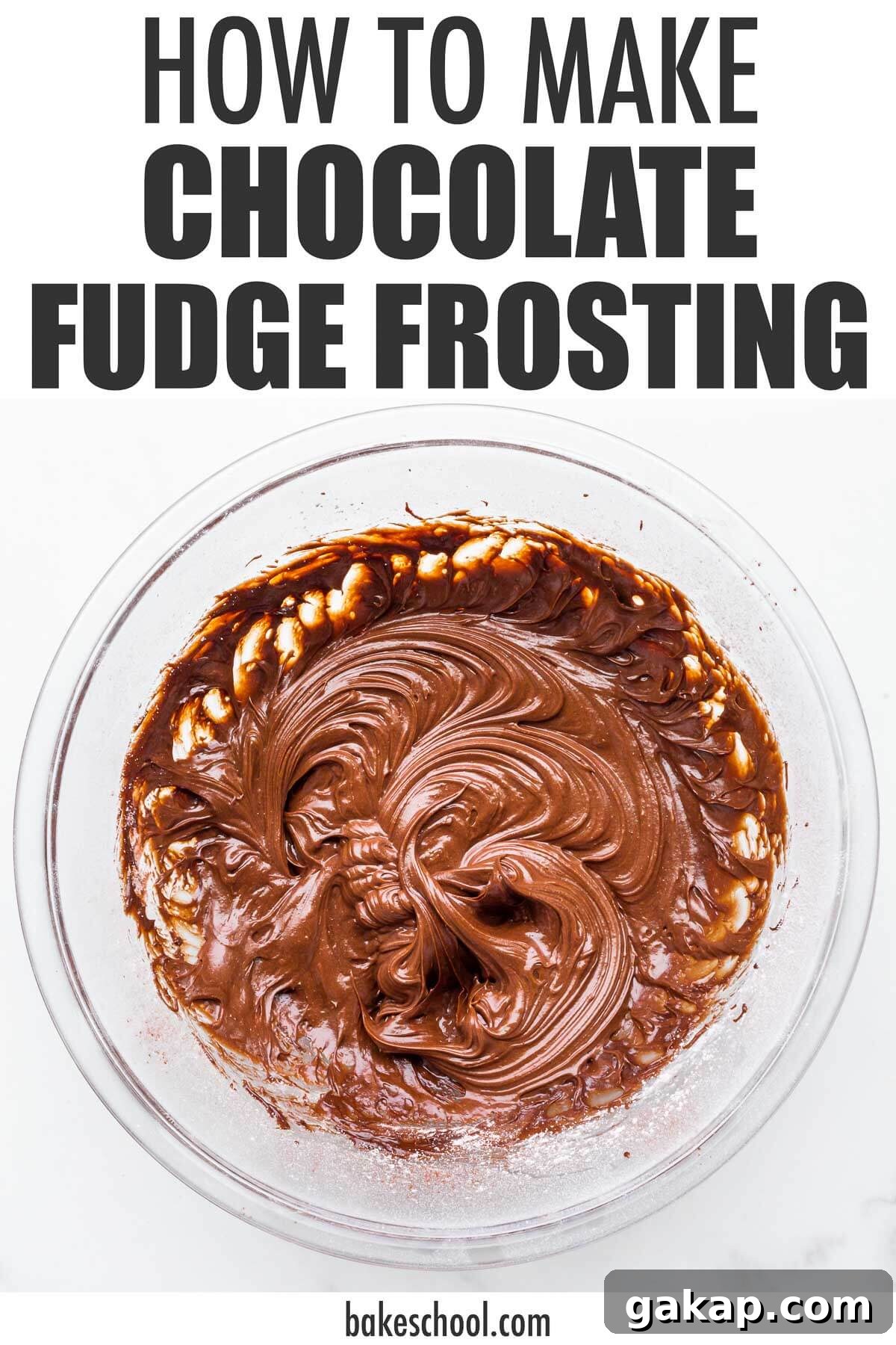 A glass bowl of glossy chocolate fudge frosting featuring text overlay that says "How to make chocolate fudge frosting".