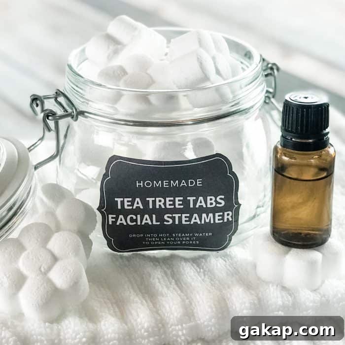 Tea Tree Acne Facial Tabs — Lush-Inspired Formula for Clear Skin 9 homemade tea tree tabs facial steamer with essential oil in open glass jar with custom label next to essential oil bottle