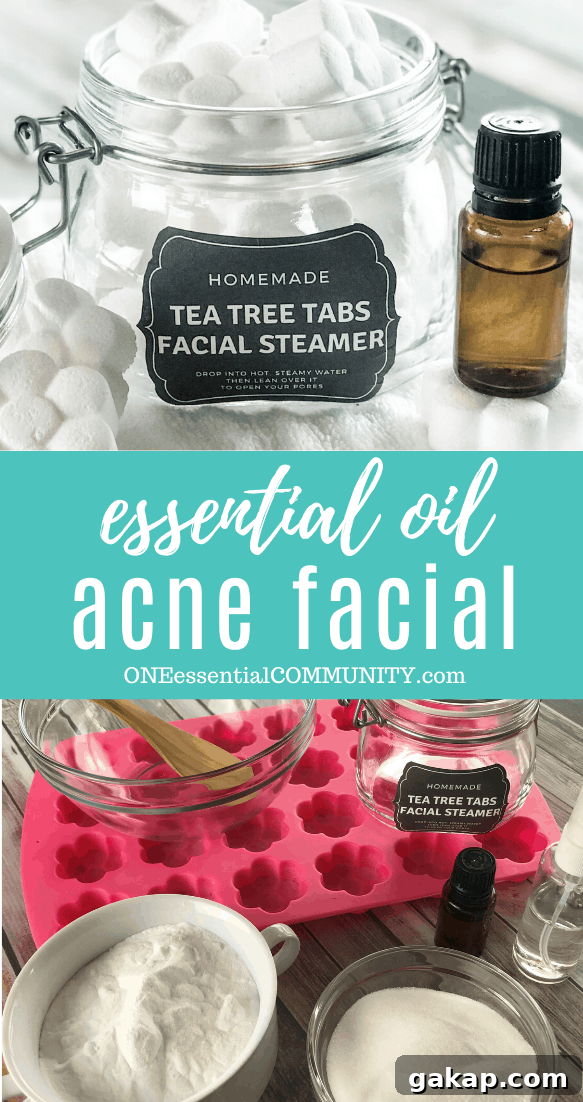 Tea Tree Acne Facial Tabs — Lush-Inspired Formula for Clear Skin 11 essential oil acne facial image collage with flower shaped tea tree tabs facial steamer in open glass jar, essential oil bottle, title card, ingredients and tools collection tea tree essential oil witch hazel baking soda citric acid